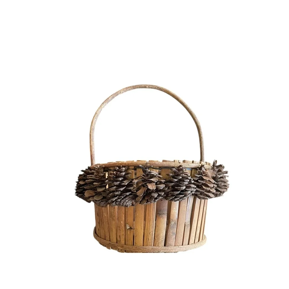 Vtg Pinecone Basket Rustic Primative Holiday Folk Art Centerpiece Cabin‎ Decor